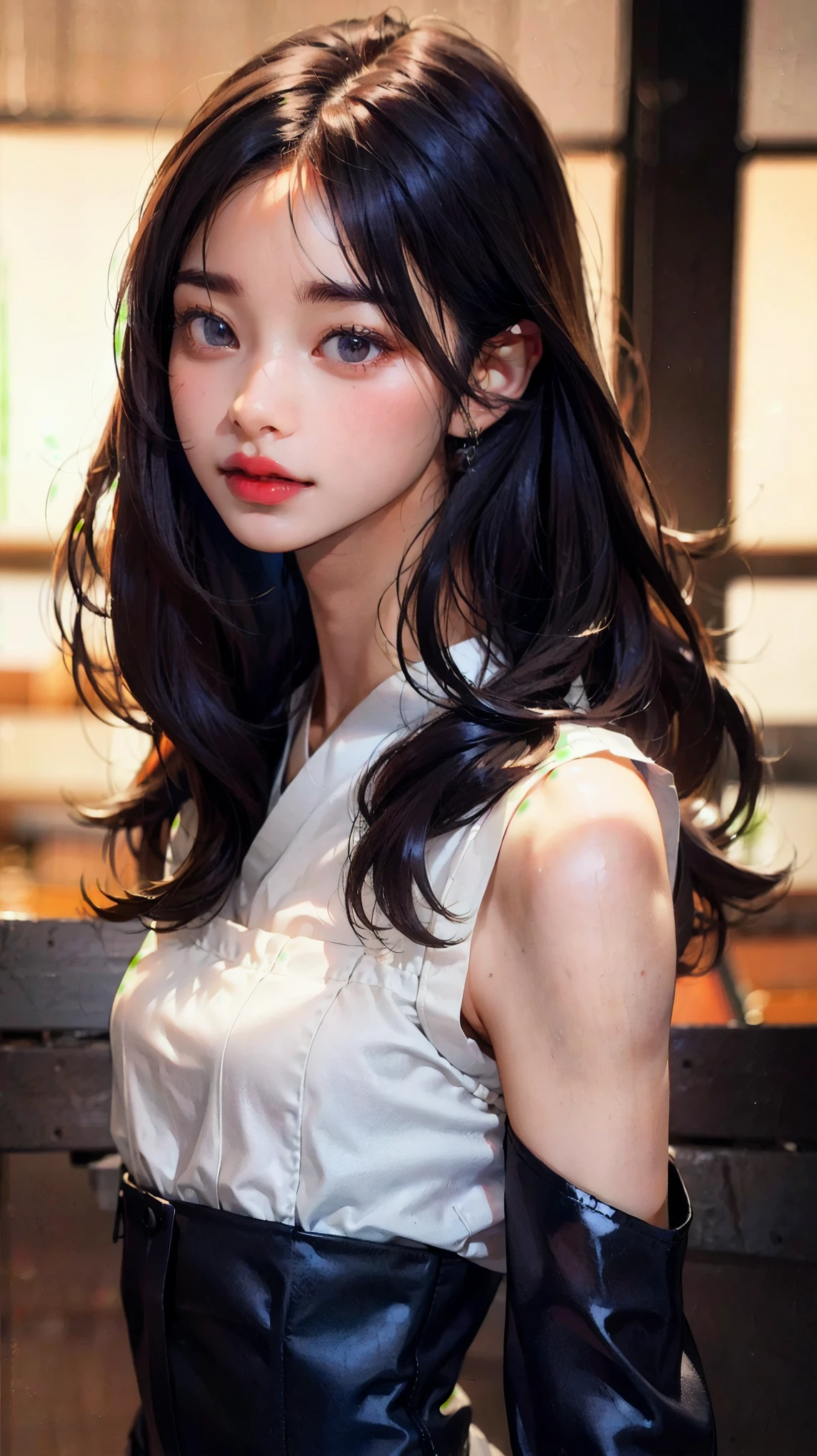 black middle hair, (Japanese girl),1girl in, 27yr old, Innocence, (Photorealsitic),(best quality:1.4), (超A high resolution:1.2), 超A high resolution, (A detailed eye), (detailed facial features), nfsw, 8k resolution, (cowboyshot),(bushy eyebrows),straight eyebrows,low eyebrows,(thick lips:1.3),(glossy lips:1.3),(lipstick:1.2),(brown eyes), wide forhead,(small breasts),(sleeveless dress),