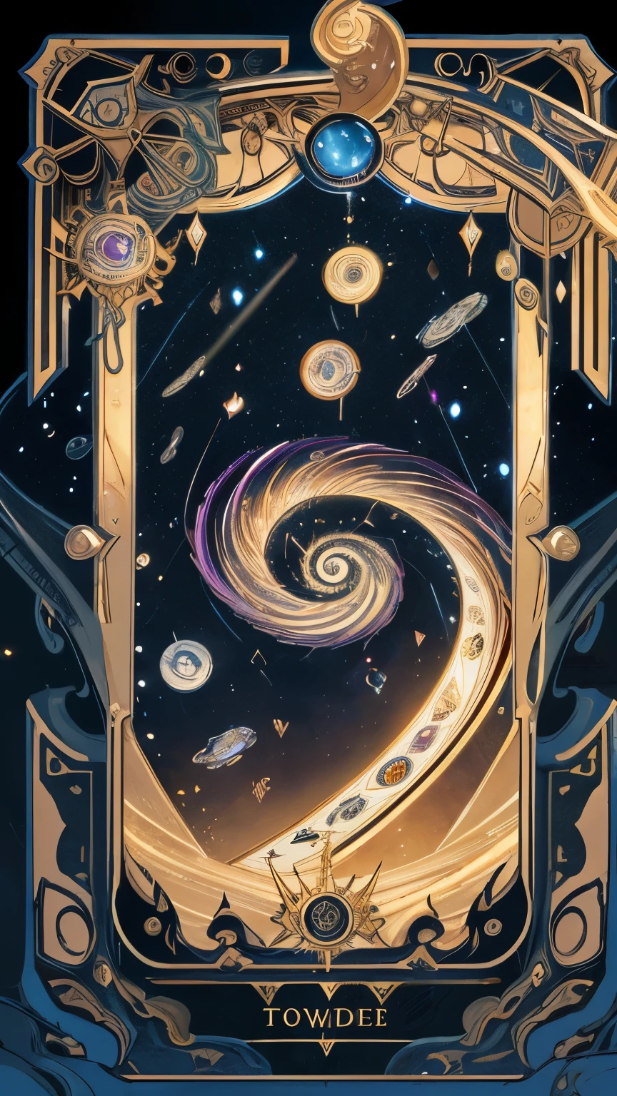 best quality, super fine, 16k, incredibly absurdres, extremely detailed, the mysterious Tarot of Oppositions and the fantastic Spiral Tarot floating in the scattering space, background simple, dark, lighting