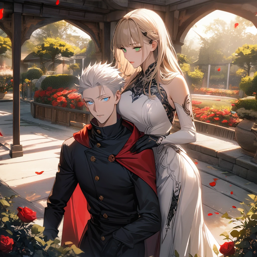 4k, very detailed, hd, Aida, ash blonde hair with bangs, green eyes, white fantasy dress with black patterns, red cape, Jujutsu Kaisen, garden, roses and petals, sunlight, black ribbon on her hair, extreme beautiful, black gloves, Gojou Satoru, white hair with bangs, blue eyes, extreme handsome, white eyelashes, 1 woman with a man as a couple,