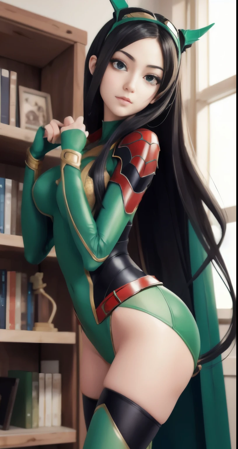 rawphoto,realistic,spider girl、spider woman、18 year old beautiful girl、Arabian style woman in green spider suit posing on a shelf, extremely detailed art germ, IG model | art germ, range murata and art germ, League of Legends Irelia, style art germ, art germ style, in style of art germ, art germ jsc, portrait anime space cadet girl