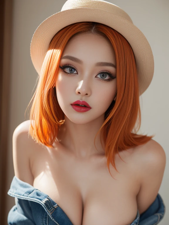 (highest quality、16K high resolution、Super detailed、masterpiece、Live shooting、realistic:1.4、hyper realism:1.4、sharp focus、very delicate and beautiful、 sexy, standing, topless, blue thong, cowboy hat, open denim vest, cute butt、(show your breasts:1.3)、(super beautiful)、(beautiful face:1.5)、(detailed face)、(thin and beautiful eyes)、Perfect round eyes、lip details、(lipstick:1.1)、(eyeliner:1.2)、(mascara)、(eye shadow)、sex appeal、light orange hair、full body shot、At NSFW