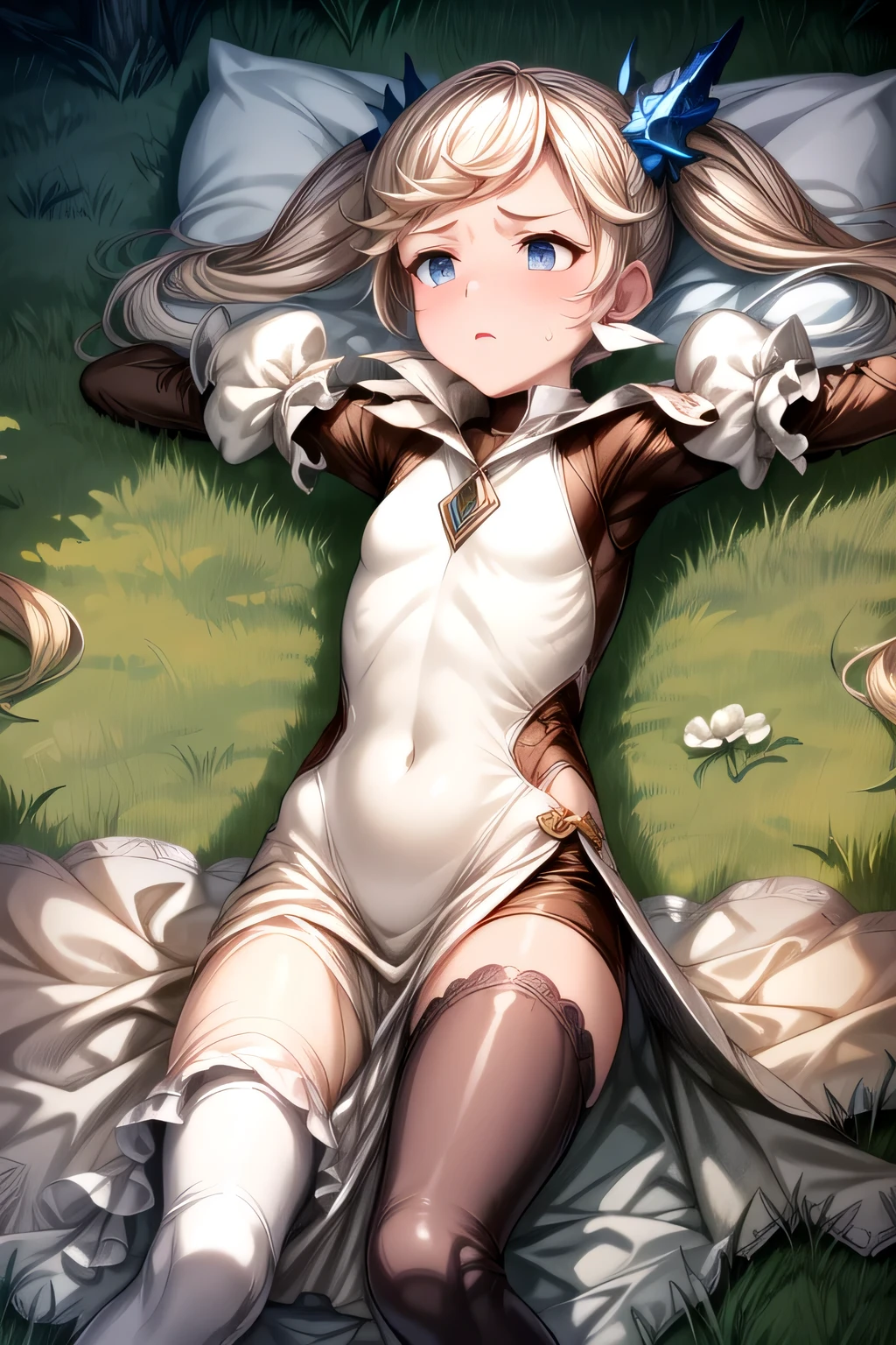 ioeuclase, hair ornament, white dress, black thighhighs, detached sleeves, sitting wariza,grass,sky, Lying, Lying Back, Lying down, , sweat, solo focus, lying, armpits, on back, outstretched arms, spread arms, pillow, arm grab, bed, sleeveless, Scared, Crying, Worried, Defeated, bruised, Upset,