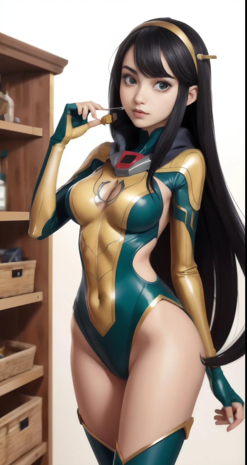 rawphoto,realistic,spider girl、spider woman、18 year old beautiful girl、Arabian style woman in green spider suit posing on a shelf, extremely detailed art germ, IG model | art germ, range murata and art germ, League of Legends Irelia, style art germ, art germ style, in style of art germ, art germ jsc, portrait anime space cadet girl