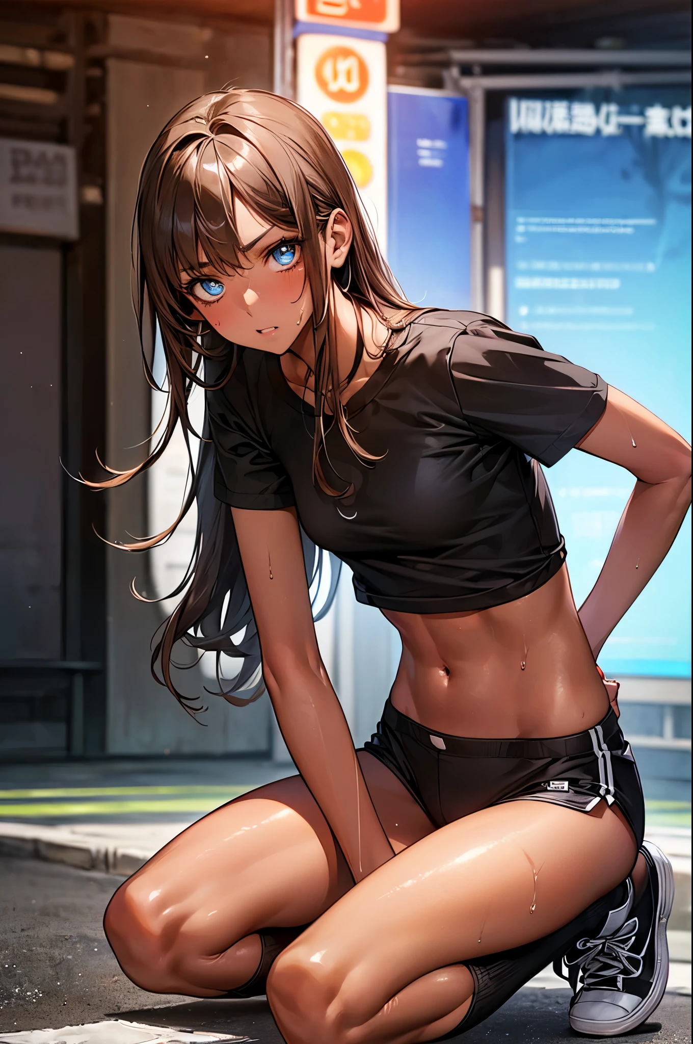 ((perfect anatomy:1.2,realistic:1.3,RAW Photography:1.3,masterpiece、highest quality、Ultra - High resolution、High resolution、Highly detailed CG、8K)),whole body,1 female,solo,18 year old beauty, Japanese、((beautiful detailed face and eyes:1.2,big gorgeous eyes:1.2)),dark brown hair,long hair,bangs,medium breasts,slender body,small head:1.5,skinny,(brown skin:1.5),(oily skin,gleaming skin,shiny skin,sweat:1.2),(skindantation,black T_shirt,navel,black microshorts,black socks,black sneaker shoes),Shibuya Station、Tokyo、neon、at night、