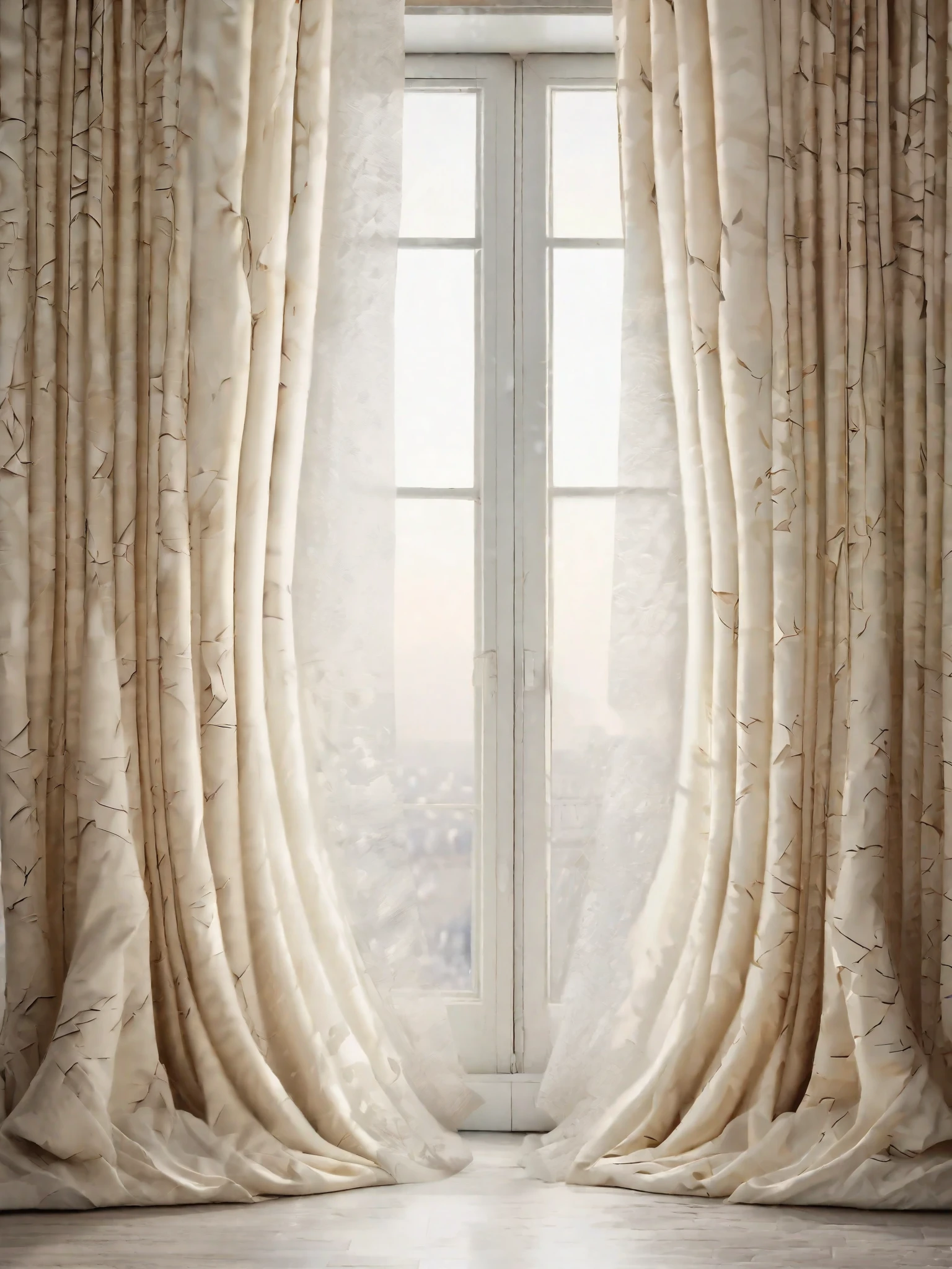 Cream curtains with broken pattern，texture，indoor landscape，White clean walls，（Symmetrical composition：1.5），epic work，soft light，official art，masterpiece，best quality，8K