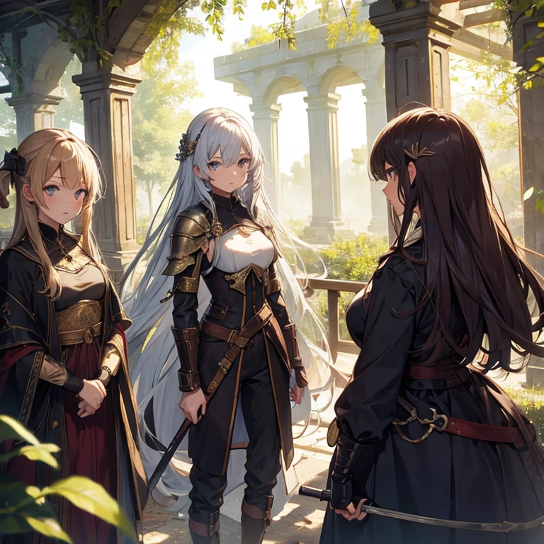 A group of female knights, (in forest), various hair styles, metal armor, harem, trousers, seducing