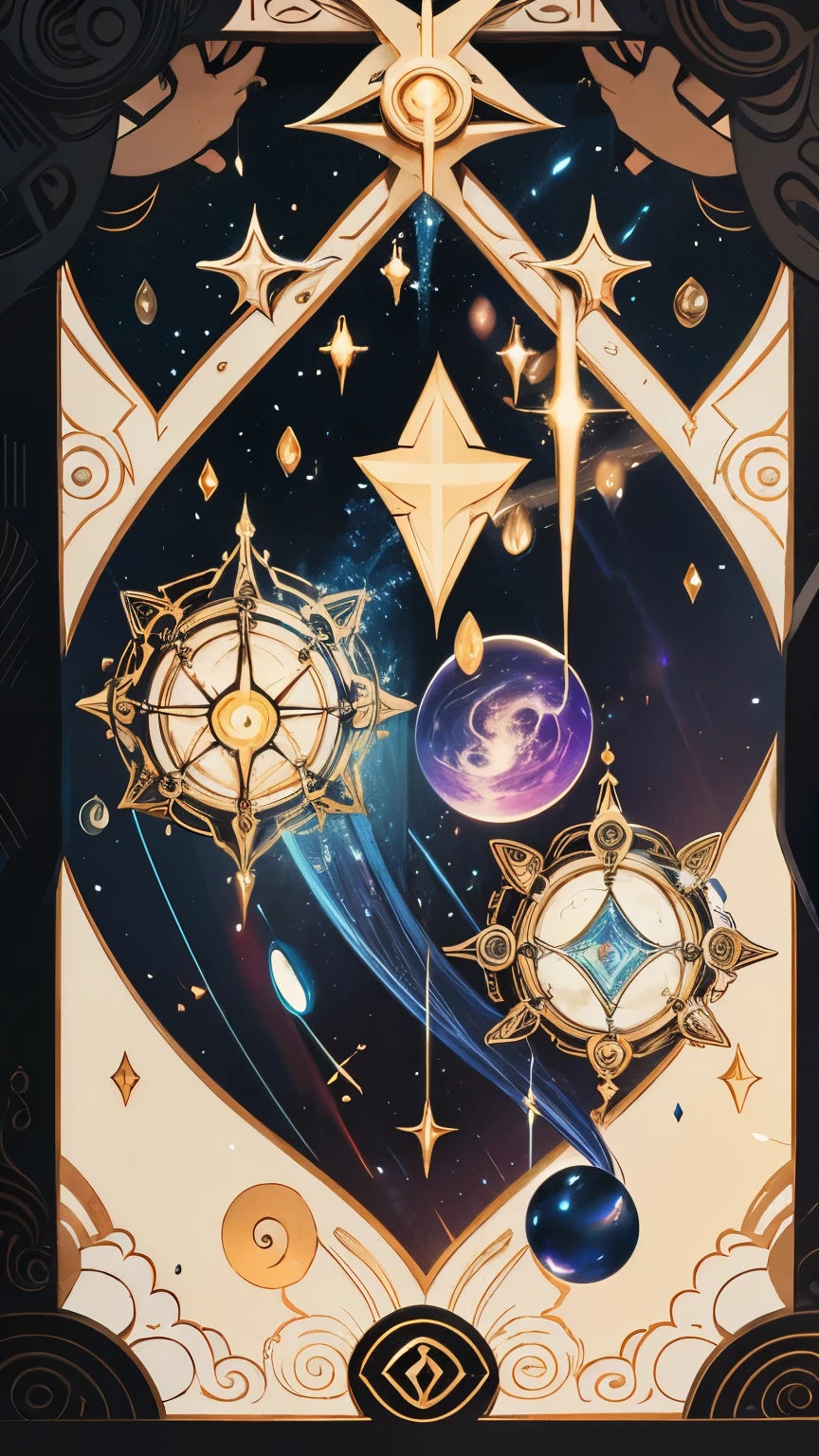 best quality, super fine, 16k, incredibly absurdres, extremely detailed, the mysterious Tarot of Oppositions and the fantastic Spiral Tarot floating in the scattering space, background simple, dark, lighting