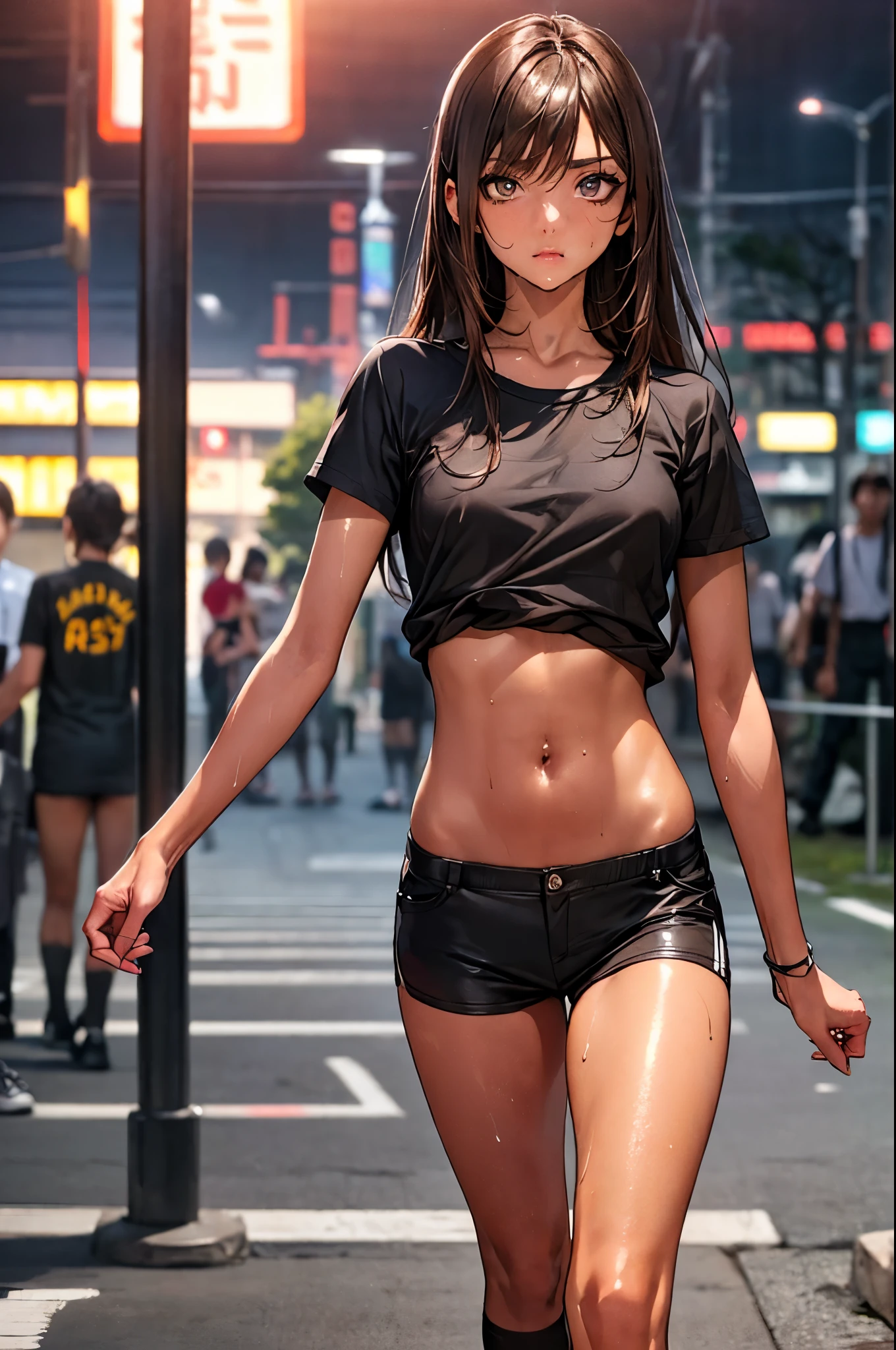 Girl, Thin thong , Unbuttoned shirt on a naked body, Bare breasts, chest visible, street  background, Narrow passage between houses, night, rain, slim body, In full growth, Sneakers, slim ass, small breast 