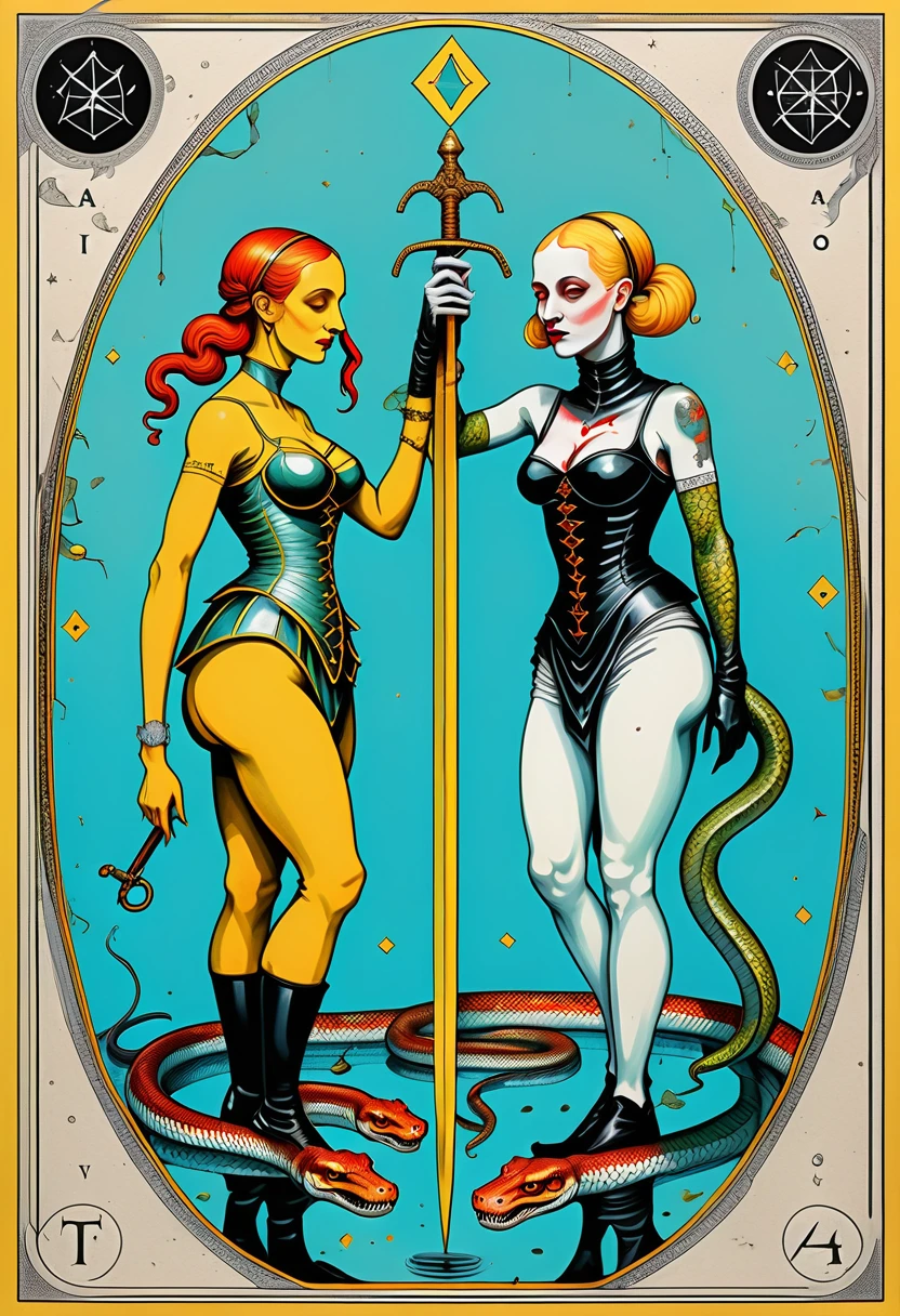 tarot card art , sacred geometry subliminal aesthetics, Pieter Bruegel the Elder art style tarot card, tarot line art with painting coloring, Two women inverted mirror flipped, Tank Girl standing in standard pose, her feet connected to underworld, Medusa below holding a sword and her severed snake-haired head