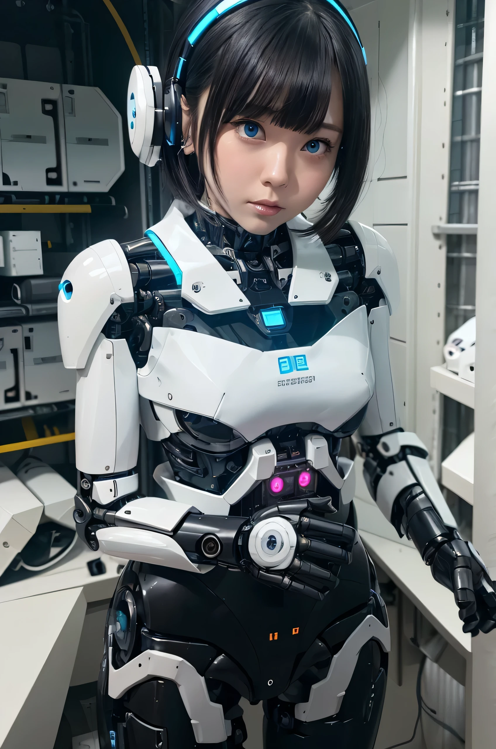masterpiece, Best Quality, Extremely detailed, 8K Portrait,Japanese android girl,Plump ,control panels,android,Droid,Mechanical Hand, ,Robot arms and legs, Black hair,Mechanical body,Blunt bangs,White Robotics Parts,perfect robot woman,Charging spot,She is charging now,ceramic body ,Mechanical body, mechanical ear covers,android,robot humanoid,pantiy,Perfect machine body,White robot body,The laboratory of the future,android factory,mechanical ear covers,White and light blue uniform,light blue accent costume,darkblack tights,blue eyes