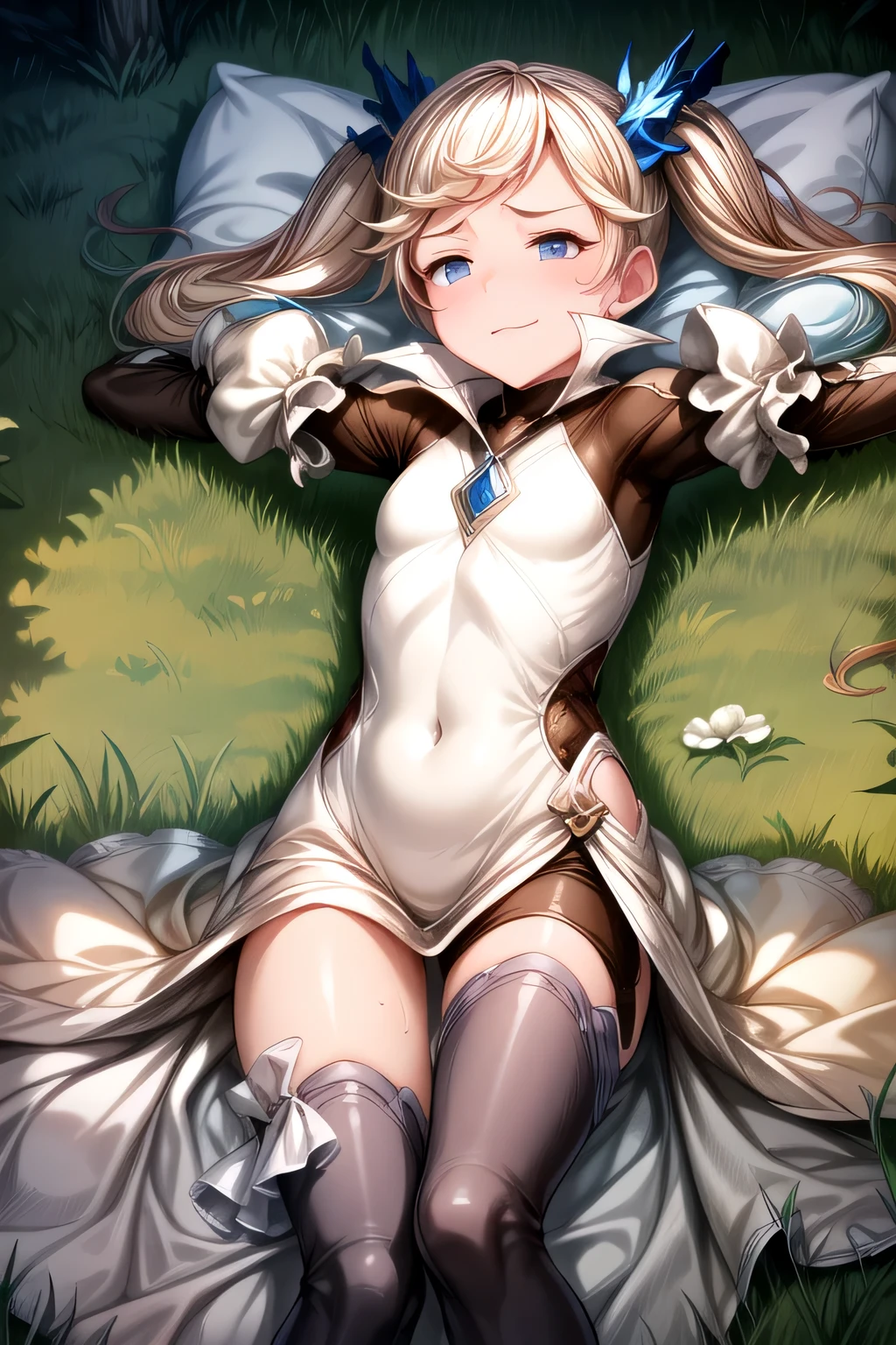ioeuclase, hair ornament, white dress, black thighhighs, detached sleeves, sitting wariza,grass,sky,smile, Lying, Lying Back, Lying down, , sweat, solo focus, lying, armpits, on back, outstretched arms, spread arms, pillow, arm grab, bed, sleeveless, Scared, Crying, Worried, Defeated, bruised, Upset,