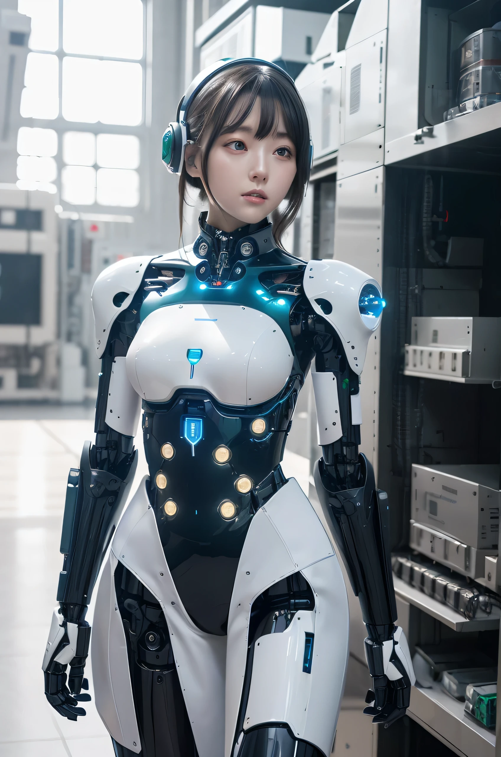 masterpiece, Best Quality, Extremely detailed, 8K Portrait,Japanese android girl,Plump ,control panels,android,Droid,Mechanical Hand, ,Robot arms and legs, Black hair,Mechanical body,Blunt bangs,White Robotics Parts,perfect robot woman,Charging spot,She is charging now,ceramic body ,Mechanical body, mechanical ear covers,android,robot humanoid,pantiy,Perfect machine body,White robot body,The laboratory of the future,android factory,mechanical ear covers,White and light blue uniform,light blue accent costume,darkblack tights,green eyes