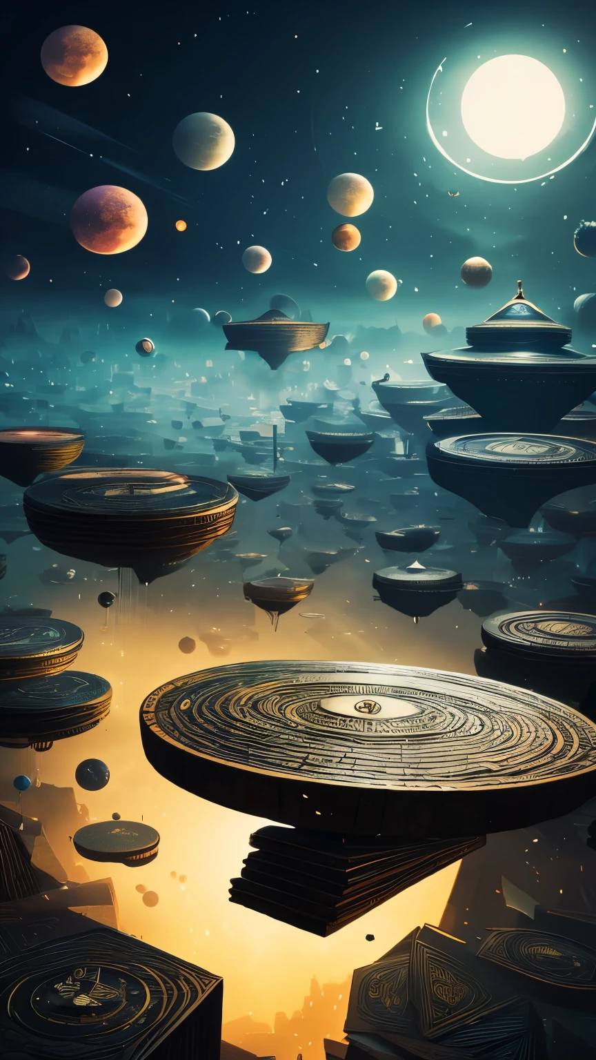 best quality, super fine, 16k, incredibly absurdres, extremely detailed, the mysterious Tarot of Oppositions and the fantastic Spiral Tarot floating in the scattering space, background simple, dark, lighting