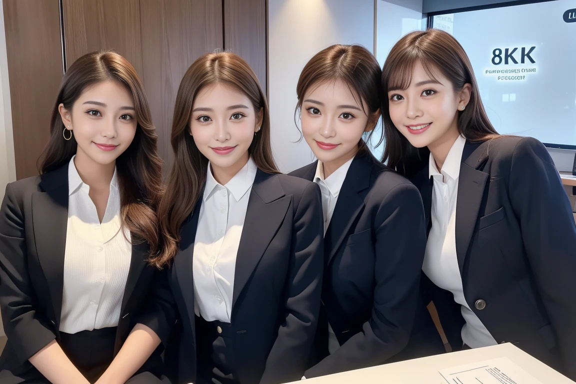 ((highest quality, 8K, masterpiece, portrait: 1.3)), (looking at the viewer), (full shot:0.85), realistic、Super realistic、32k、Super detailed、masterpiece, highest quality, 4 girls, beautiful girl, beauty、cute japanese woman、gorgeous japanese women、beautiful lighting, better quality, movie fashion (attractive、 As young as 25 years old ) ,attractiveビジネス、4 young women, beauty、white collared shirt, suit、ビジネスsuit、紺色のsuit、 (big pelvis:0.3), (officeの机にあぐらをかいて座る)), smile:0.2, President & CEO'office,Faces are random、自然なsmile、looking at the camera