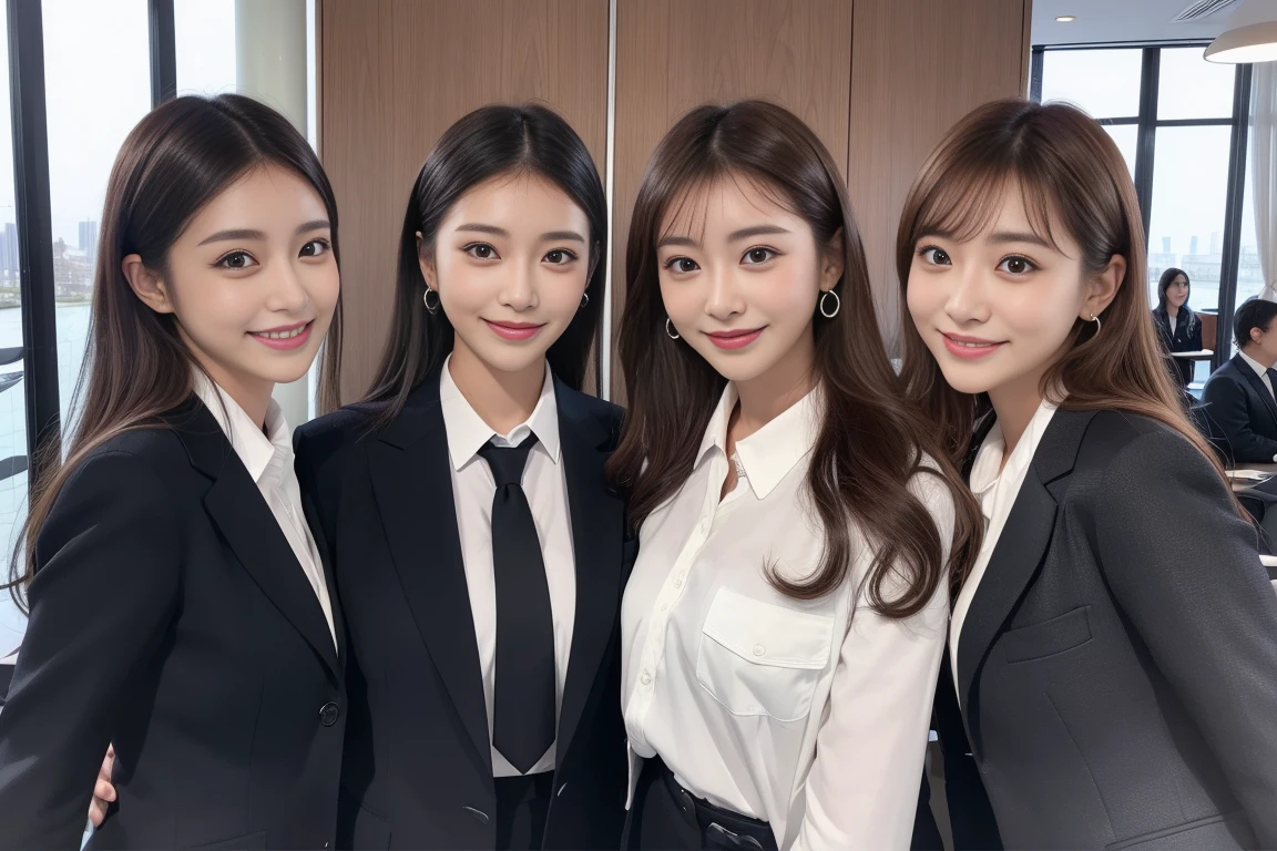 ((highest quality, 8K, masterpiece, portrait: 1.3)), (looking at the viewer), (full shot:0.85), realistic、Super realistic、32k、Super detailed、masterpiece, highest quality, 4 girls, beautiful girl, beauty、cute japanese woman、gorgeous japanese women、beautiful lighting, better quality, movie fashion (attractive、 As young as 25 years old ) ,attractiveビジネス、4 young women, beauty、white collared shirt, suit、ビジネスsuit、紺色のsuit、 (big pelvis:0.3), (officeの机にあぐらをかいて座る)), smile:0.2, President & CEO'office,Faces are random、自然なsmile、looking at the camera