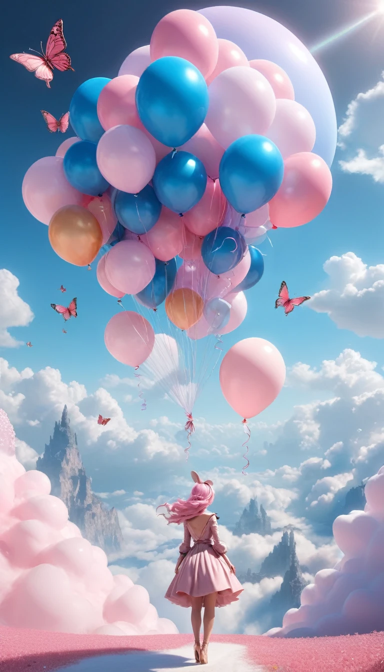 rococo pink, light silver and brown, (Very unified CG scene design）, (role conception）， (Glossy pink and blue McDoll pig balloons floating in the clouds），pink and blue，bird in flight，starlight，rosette，Butterfly，like a dream，4k details，dramatic light and shadow，like a dream，Millennial aesthetics, vortex, rainbow/Milky white W, Beautiful lighting and twisted emotional graphics.，3 rendering，C4D，fantasy art，future，Cartoonize，