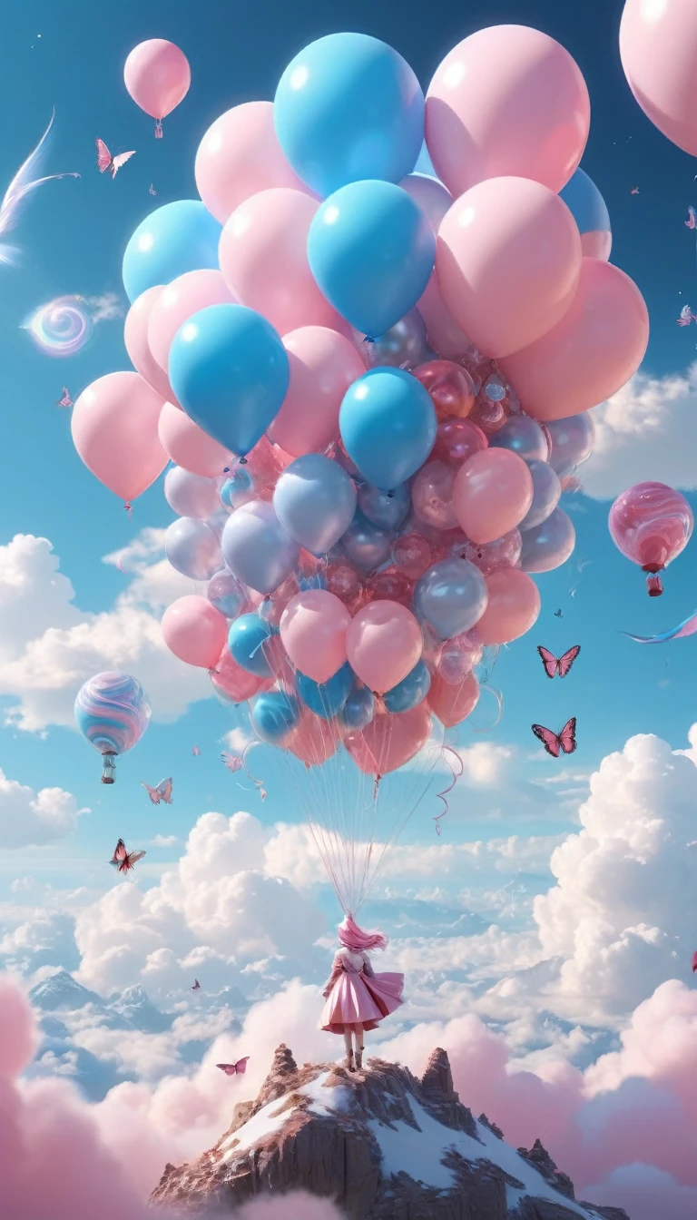 rococo pink, light silver and brown, (Very unified CG scene design）, (role conception）， (Glossy pink and blue McDoll pig balloons floating in the clouds），pink and blue，bird in flight，starlight，rosette，Butterfly，like a dream，4k details，dramatic light and shadow，like a dream，Millennial aesthetics, vortex, rainbow/Milky white W, Beautiful lighting and twisted emotional graphics.，3 rendering，C4D，fantasy art，future，Cartoonize，