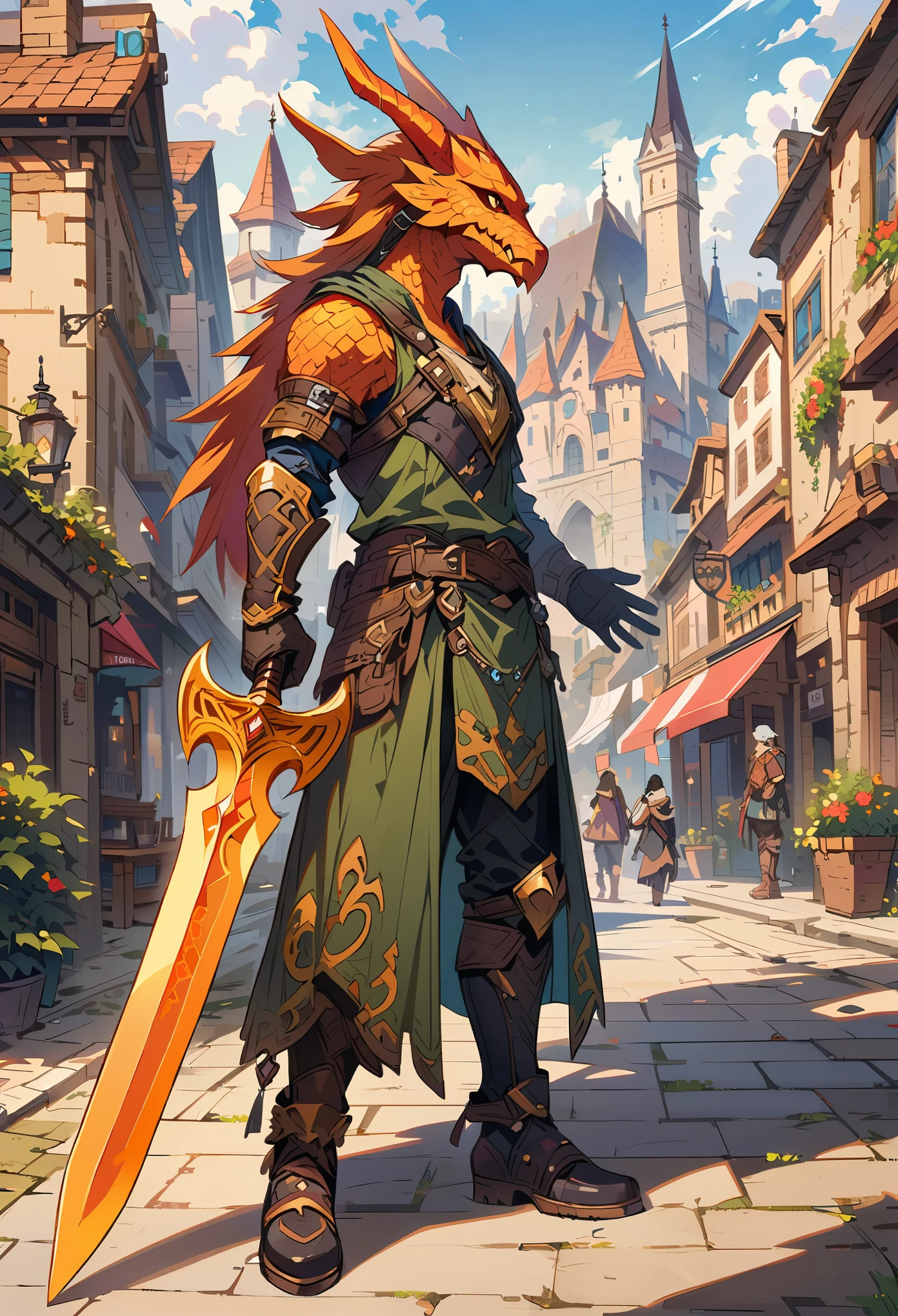 DnD character art, fantasy warrior with dragon head helmet and orange scales holding sword in hand standing on city street, green , black leather gloves, high details, in the style of fantasy.