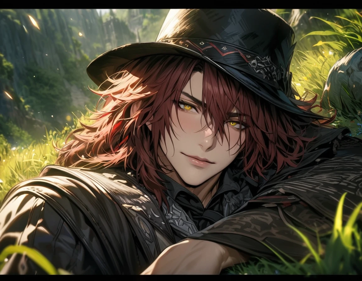 absurdres, highres, ultra detailed, HDR), masterpiece, best quality, vibrant golden eyes, Ardyn Izunia, red hair, black hat, Final fantasy xv, 1man, handsome, lying on the grass