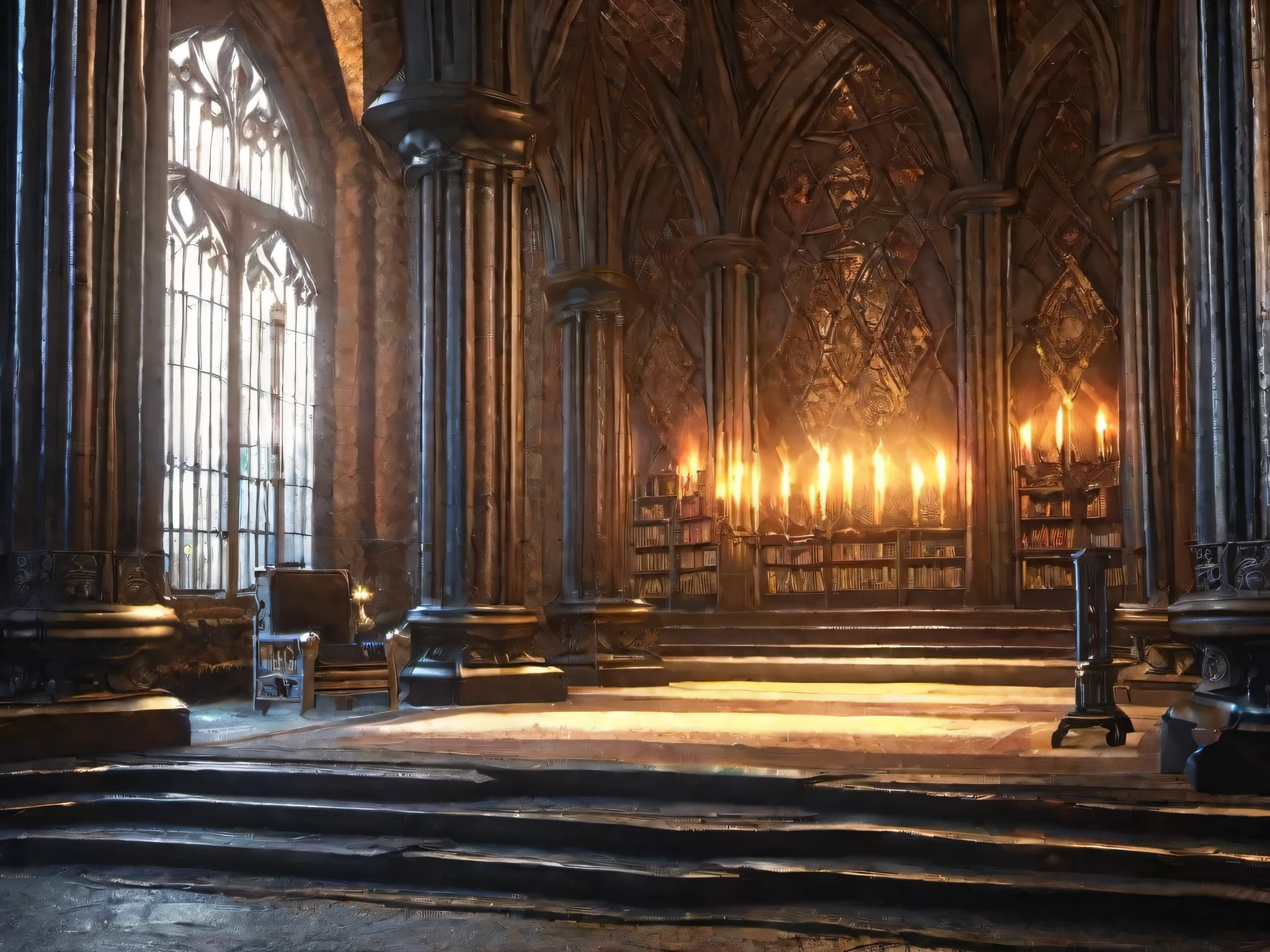 there is a room with a table and candles in it, dramatic lighting. concept art, rustic throne room, fantasy atmospheric lighting, decadent throne room, gothic epic library concept, volumetric lighting. fantasy, 3d rendered matte painting, ancient. atmospheric lighting, detailed lighting and textures, dark majestic ornate great hall, dramatic lighting render, throne room, post apocalyptic palace interior