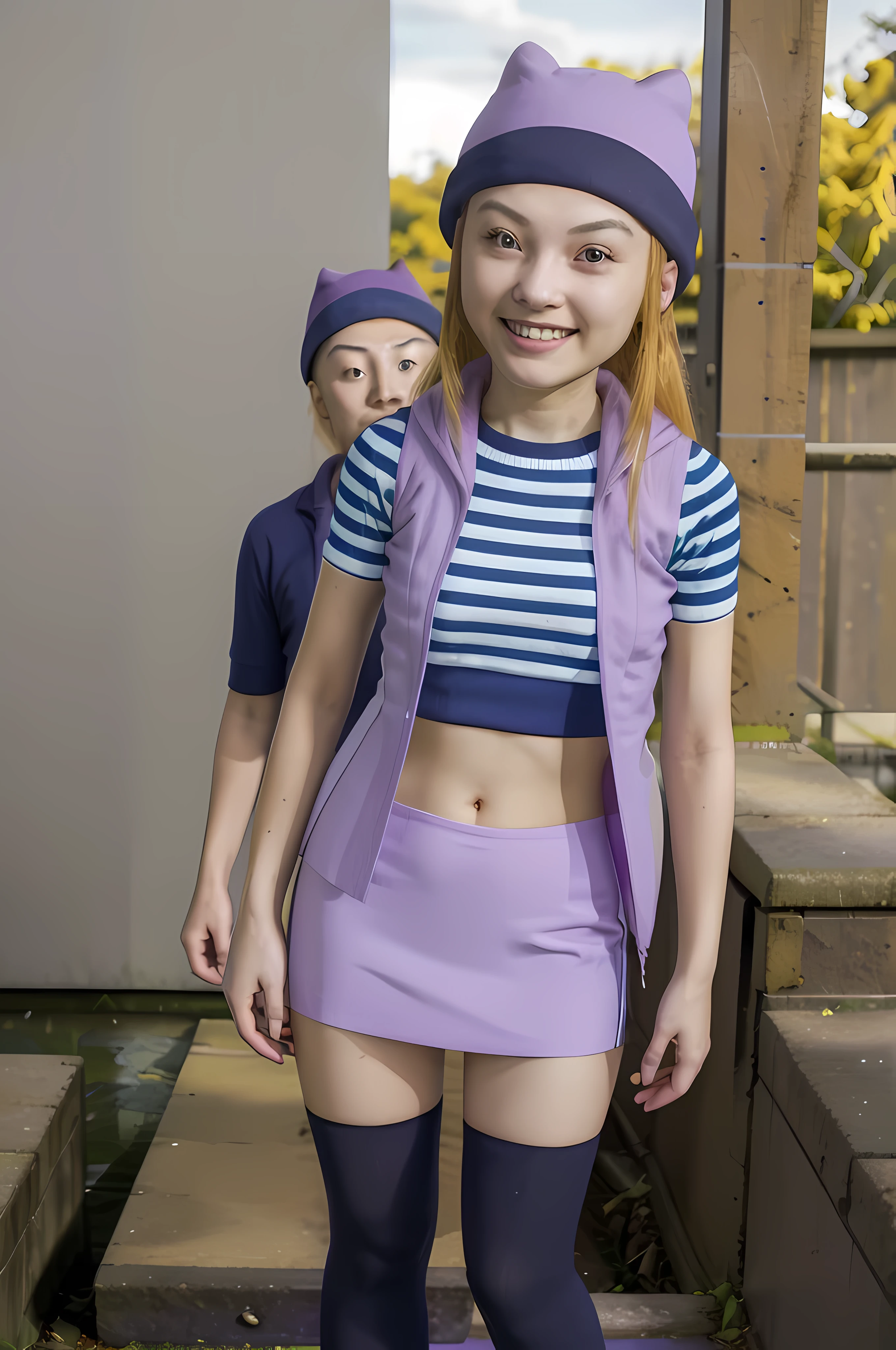 masterpiece, best quality, highres, zoe orimoto, eigthteen years old, blond hair, long hair, big breasts, purple beanie, purple vest, purple miniskirt, blue white striped shirt, long purple socks, sneakers, standing, looking at viewer, city road, outdoor, modern city road, blush, shy, smile, show teeth, sexy pose, she is lifting up her skirt a little