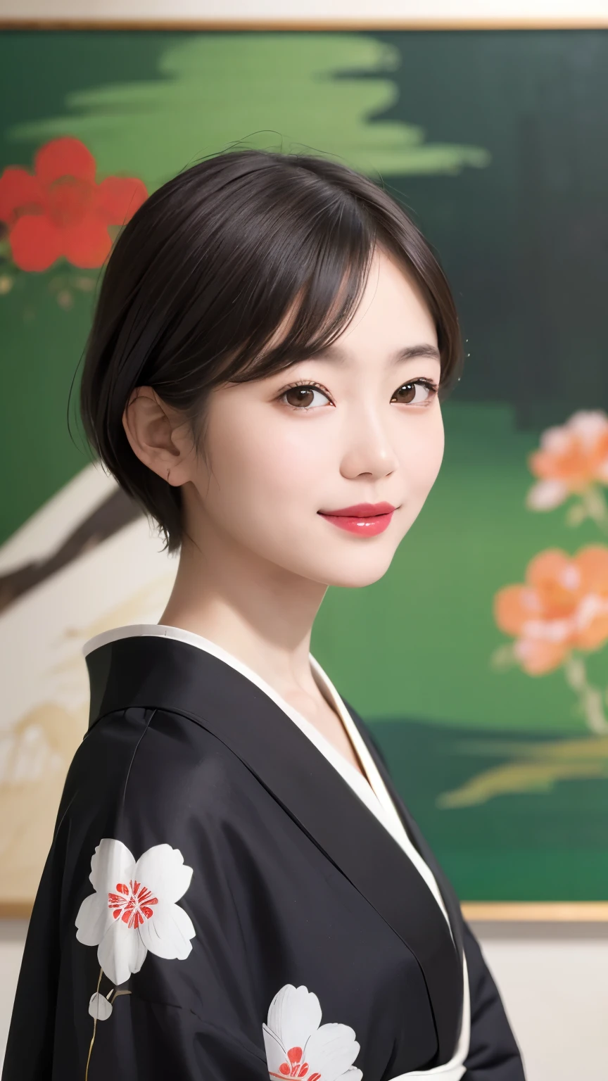 197 (snapdd00-Fp16), Japanese painting, woman, gentle smile, lipstick, short hair, Paintings by Shoen Uemura