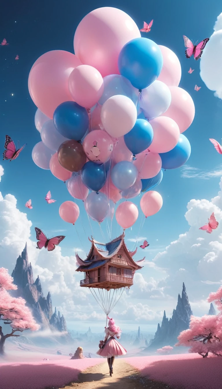 rococo pink, light silver and brown, (Very unified CG scene design）, (role conception）， (Glossy pink and blue McDoll pig balloons floating in the clouds），pink and blue，bird in flight，starlight，rosette，Butterfly，like a dream，4k details，dramatic light and shadow，like a dream，Millennial aesthetics, vortex, rainbow/Milky white W, Beautiful lighting and twisted emotional graphics.，3 rendering，C4D，fantasy art，future，Cartoonize，