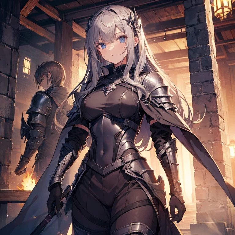 A group of female knights, (in dungeon), various hair styles, metal armor, harem, trousers, seducing