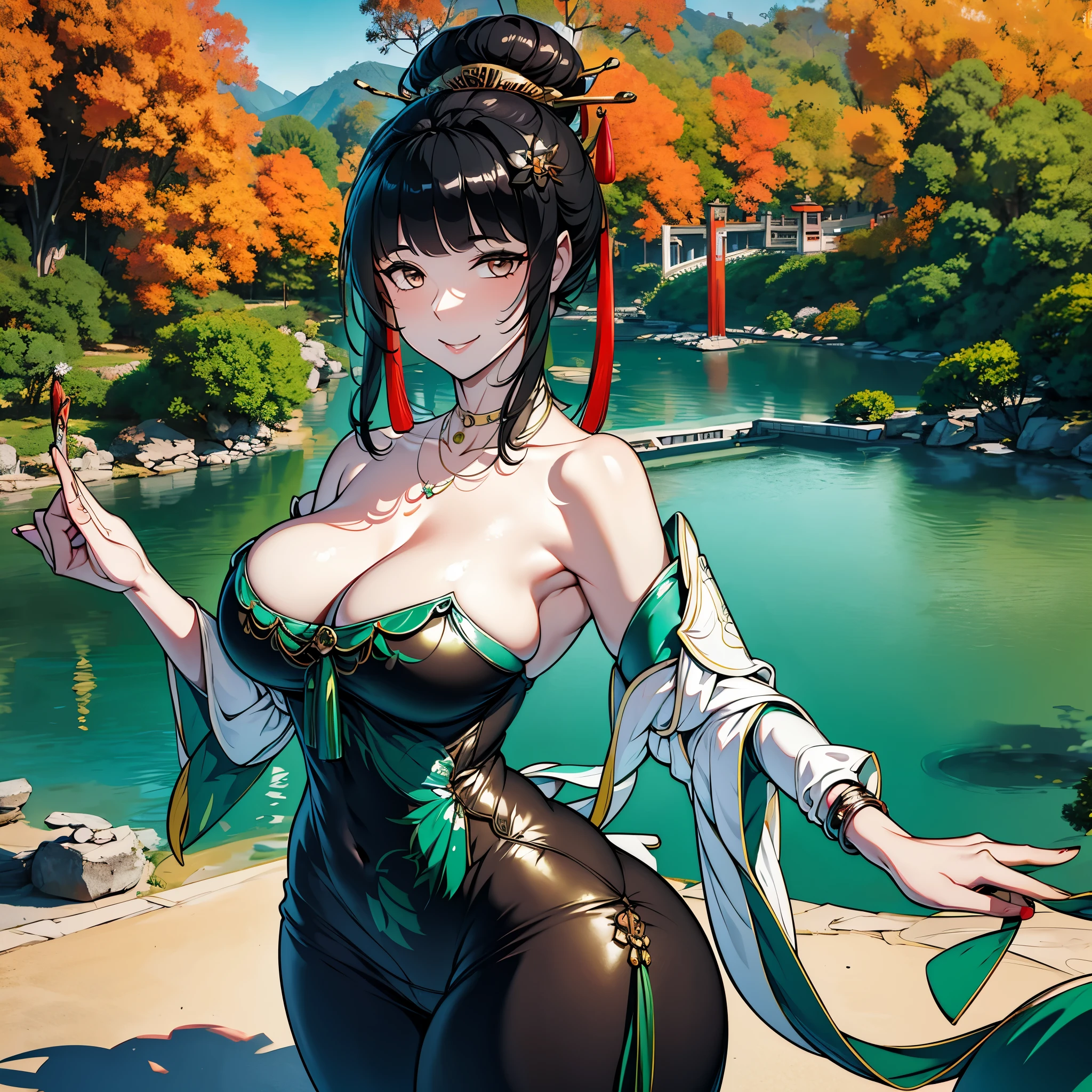 A woman in tight clothes, in a Chinese garden, Chinese palace in the background, autumn themed, with peacocks around, smiling, brown eyes, black hair with dark green details, large breasts, ultra resolution, well defined, masterpiece , 4K