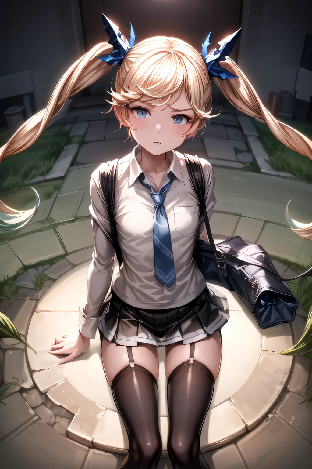 ioeuclase, hair ornament,
facing at viewer,fisheye lens,anger vein,
 shirt necktie short plated skirt white thighhighs  a school bag,