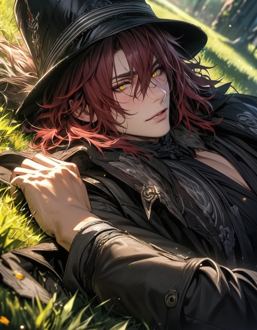 absurdres, highres, ultra detailed, HDR), masterpiece, best quality, vibrant golden eyes, Ardyn Izunia, red hair, black hat, Final fantasy xv, 1man, handsome, lying on the grass