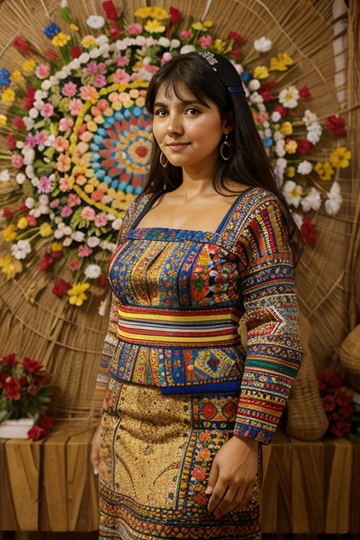 Paraguayan woman in ñanduti, colorful cheerful details flowers geometric shapes, red, obra maestra estilo Gustav klimt