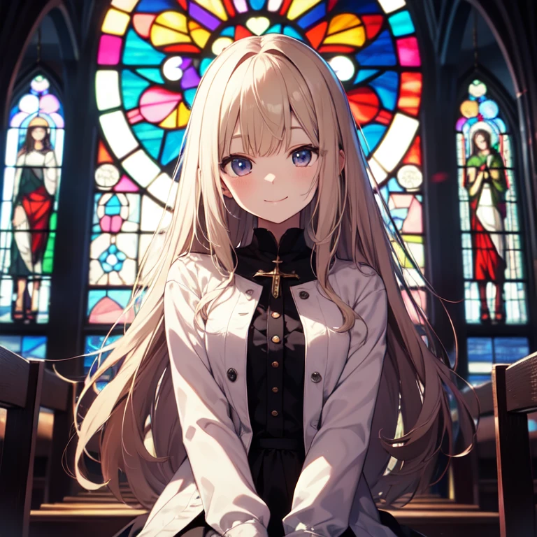 masterpiece、highest quality、8K、cute、smile、Angel、Angelの服、church、Stained glass、shining brightly