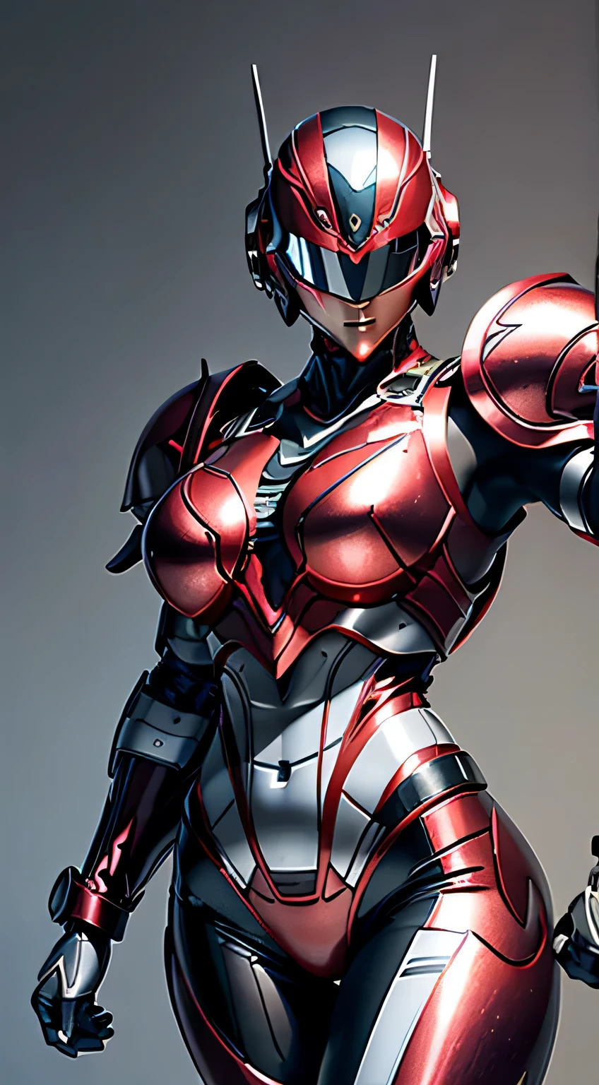 female robocop solo、bright outdoors、strong light source、8K, high quality, masterpiece, 最high quality、very detailed、Armor that completely covers the whole body、very large armor、Helmet covering the head、clear pictures、Eyes hidden by thin straight goggles:1.3、The lower half of the face is raw:1.5、The lower half of the face is exposed、luscious lips、Clear red and white metallic armor、Armor that completely covers the chest、thin and long legs、Vibrant posel body view,big and full breasts:1.5, (sports body:1.5)、five fingers、photos around town