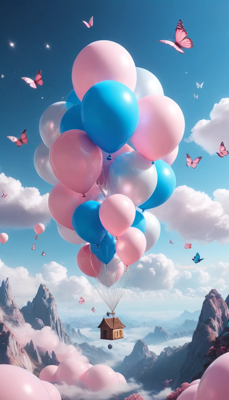 rococo pink, light silver and brown, (Very unified CG scene design）, (role conception）， (Glossy pink and blue McDoll pig balloons floating in the clouds），pink and blue，bird in flight，starlight，rosette，Butterfly，like a dream，4k details，dramatic light and shadow，like a dream，Millennial aesthetics, vortex, rainbow/Milky white W, Beautiful lighting and twisted emotional graphics.，3 rendering，C4D，fantasy art，future，Cartoonize，