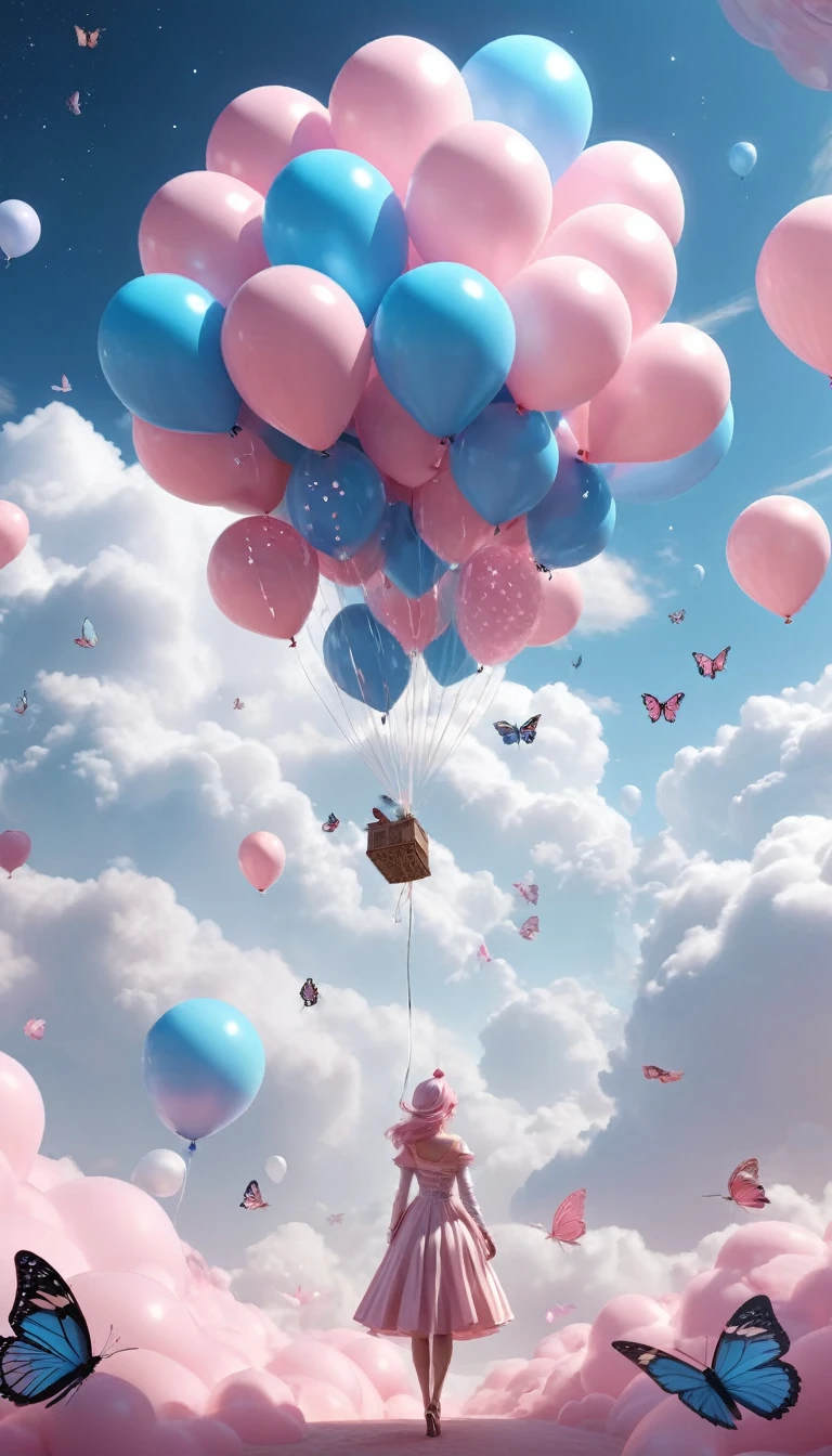 rococo pink, light silver and brown, (Very unified CG scene design）, (role conception）， (Glossy pink and blue McDoll pig balloons floating in the clouds），pink and blue，bird in flight，starlight，rosette，Butterfly，like a dream，4k details，dramatic light and shadow，like a dream，Millennial aesthetics, vortex, rainbow/Milky white W, Beautiful lighting and twisted emotional graphics.，3 rendering，C4D，fantasy art，future，Cartoonize，