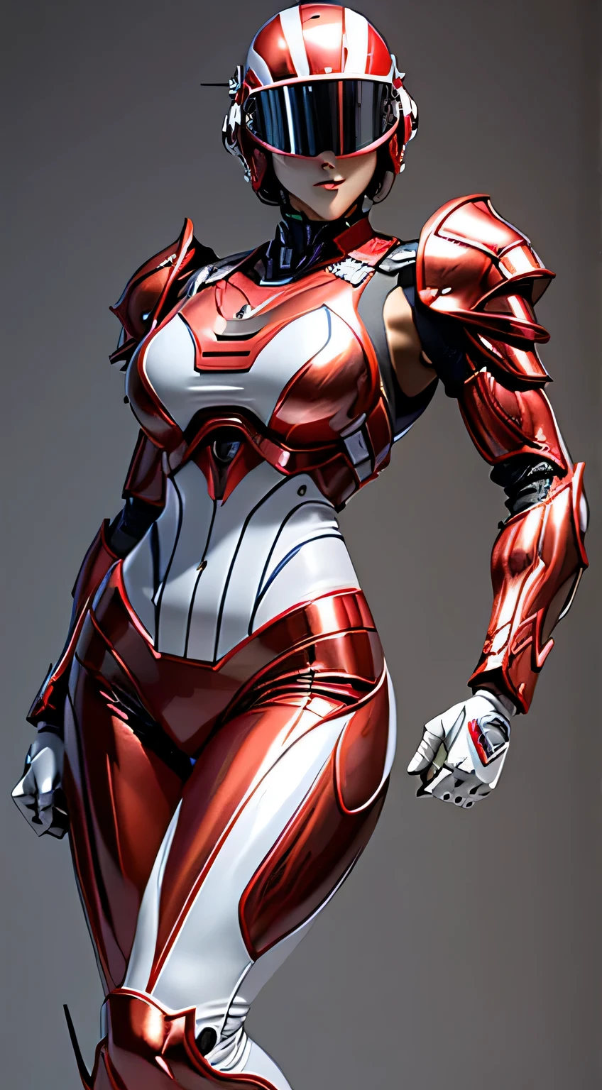 female robocop solo、bright outdoors、strong light source、8K, high quality, masterpiece, 最high quality、very detailed、Armor that completely covers the whole body、very large armor、Helmet covering the head、clear pictures、Eyes hidden by thin straight goggles:1.3、The lower half of the face is raw:1.5、The lower half of the face is exposed、luscious lips、Clear red and white metallic armor、Armor that completely covers the chest、thin and long legs、Vibrant posel body view,big and full breasts:1.5, (sports body:1.5)、five fingers、photos around town