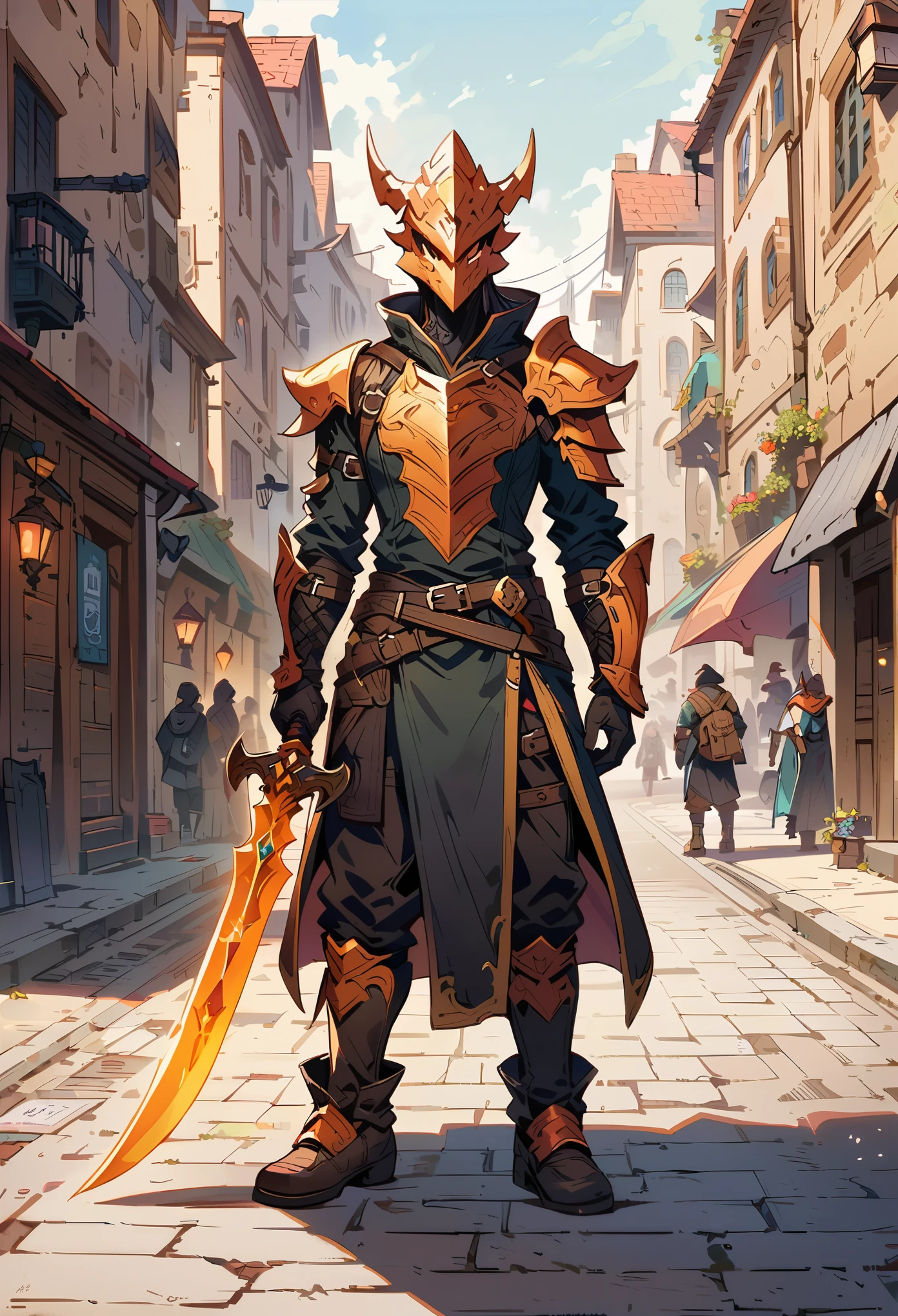 DnD character art, fantasy warrior with dragon head helmet and orange scales holding sword in hand standing on city street, green , black leather gloves, high details, in the style of fantasy.