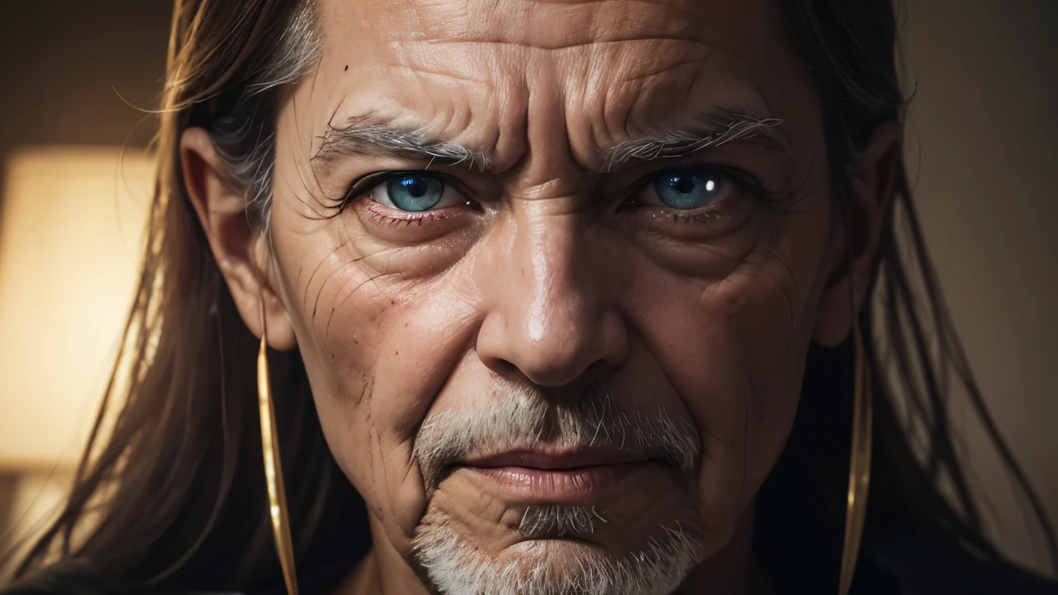 An epic close-up portrait of sinister, intense elderly eyes, e nariz com longa barba branca, emoldurado por um antigo capuz de linho branco desbotado e esfarrapado, reflecting golden sparks in the irises of the eyes, sobrancelhas brancas, At night, dramatic lighting, alto contraste, higher definition, hiperrealismo, hiperrealista, Fotorrealista, high resolution, fotografia hd, 8k