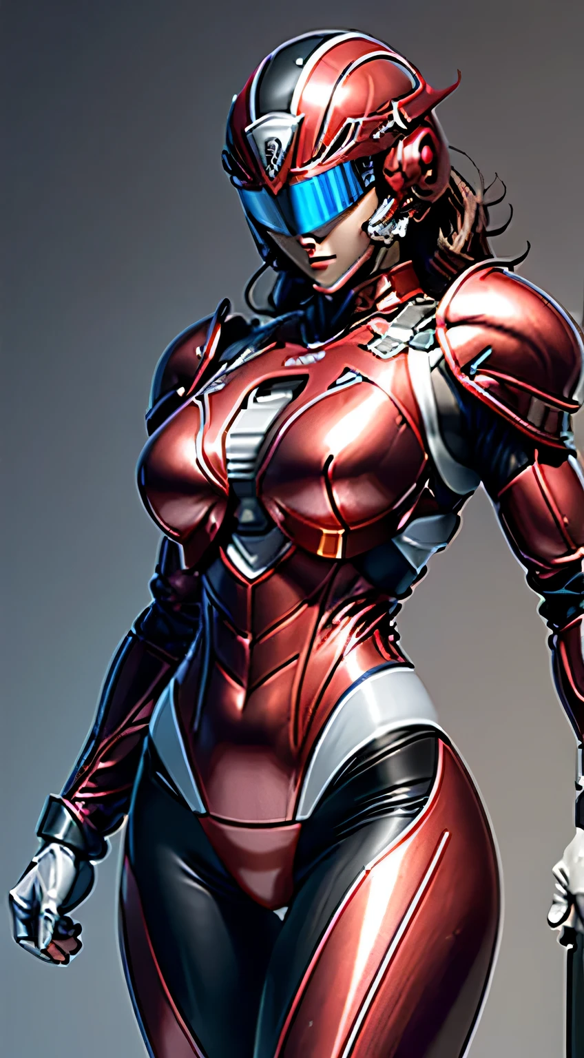 female robocop solo、bright outdoors、strong light source、8K, high quality, masterpiece, 最high quality、very detailed、Armor that completely covers the whole body、very large armor、Helmet covering the head、clear pictures、Eyes hidden by thin straight goggles:1.3、The lower half of the face is raw:1.5、The lower half of the face is exposed、luscious lips、Clear red and white metallic armor、Armor that completely covers the chest、thin and long legs、Vibrant posel body view,big and full breasts:1.5, (sports body:1.5)、five fingers、photos around town