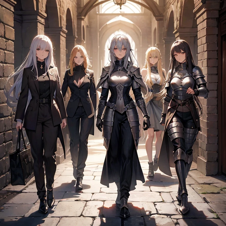 A group of  female knights, (in dungeon), various hair styles, metal armor, harem, trousers, seducing, beautiful face