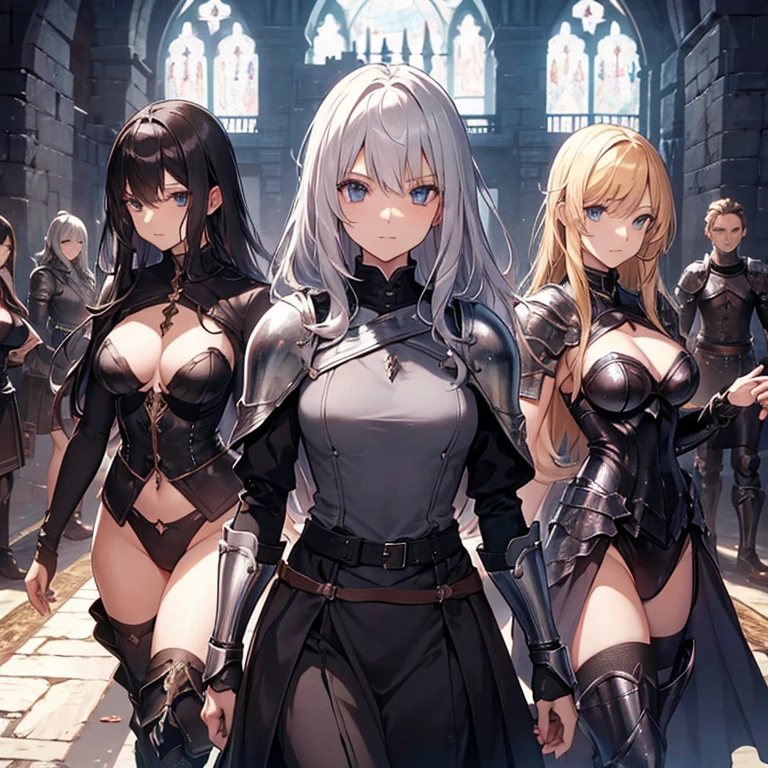 A group of  female knights, (in dungeon), various hair styles, metal armor, harem, trousers, seducing, beautiful face