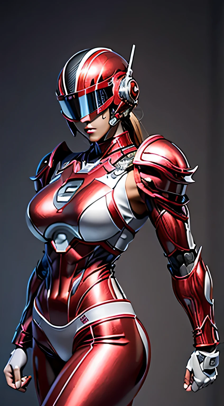 female robocop solo、bright outdoors、strong light source、8K, high quality, masterpiece, 最high quality、very detailed、Armor that completely covers the whole body、very large armor、Helmet covering the head、clear pictures、Eyes hidden by thin straight goggles:1.3、The lower half of the face is raw:1.5、The lower half of the face is exposed、luscious lips、Clear red and white metallic armor、Armor that completely covers the chest、thin and long legs、Vibrant posel body view,big and full breasts:1.5, (sports body:1.5)、five fingers、photos around town