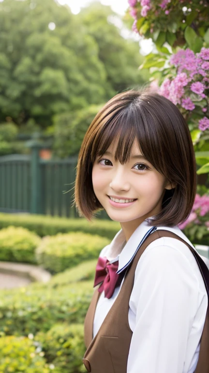 20th generation、japanese woman、cute、uniform、garden、shortcut、brown hair