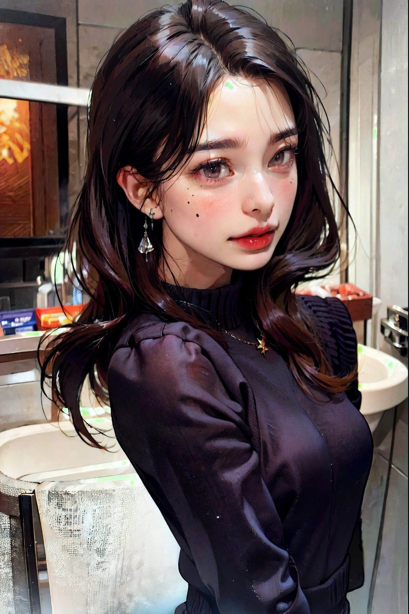 (incredibly absurdres, ultra-detailed, CG ,unity,8k wallpaper),(masterpiece),(realistic),(photorealistic:1.2),(raw photo:1.2), (best quality:1.2), (detailed face:1.4),(beautiful detailed eyes:1.2),(detailed hair), light on face, huge filesize,cinematic lighting, 1girl,sex,eyeliner,kawaii, student, long hair, brown hair, ((wavy hair)), hair ornament, ((light blush)), ((mole under eye)), (bushy eyebrows),straight eyebrows, low eyebrows, brown eyes, ((small breasts)),(thick lips:1.3),(glossy lips),(lipstick),fashi-g, red lips, makeup,shirt lift, ((black sweater top, leggings)),(erection under clothes:1.3), bulge, penis bulge, (big thick penis:1.3), ((ab lines)), black kneehighs, jewellery, earrings, necklace, ((((standing)))), ((in the bathroom, looking at viewer, seductive, from front)), Depth of field, fantasy, high contrast, ink strokes, explosions, over exposure, purple and red tone impression, abstract