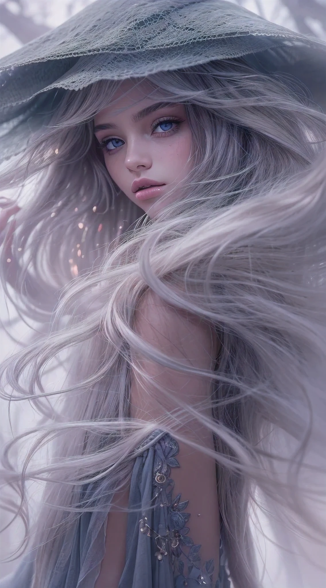 In a mysterious and enchanting realm, a murky fog envelopes the scene, as if concealing something profound. by alex1shved Amidst this fog, a figure emerges, a 18 years old young girl with flowing silver hair and eyes that glimmer with an otherworldly luminescence. The image captures her delicate yet powerful presence, her ethereal beauty contrasting with the darkness that surrounds her. The misty atmosphere adds to the enigmatic and dreamlike quality of the artwork, giving it an almost surreal feel. The painting, skillfully executed, showcases intricate details and vibrant colors that bring the scene to life. It invites us to delve into the bewitching world of this anime, where memories are shrouded in layers of uncertainty, waiting to be unraveled. by alex1shved, 16K, ultrarealistic, ultra high res.photorealistic, UHD