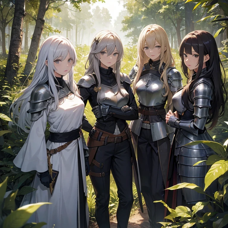 A group of  female knights, (in forest), various hair styles, metal armor, harem, trousers, seducing, beautiful face 