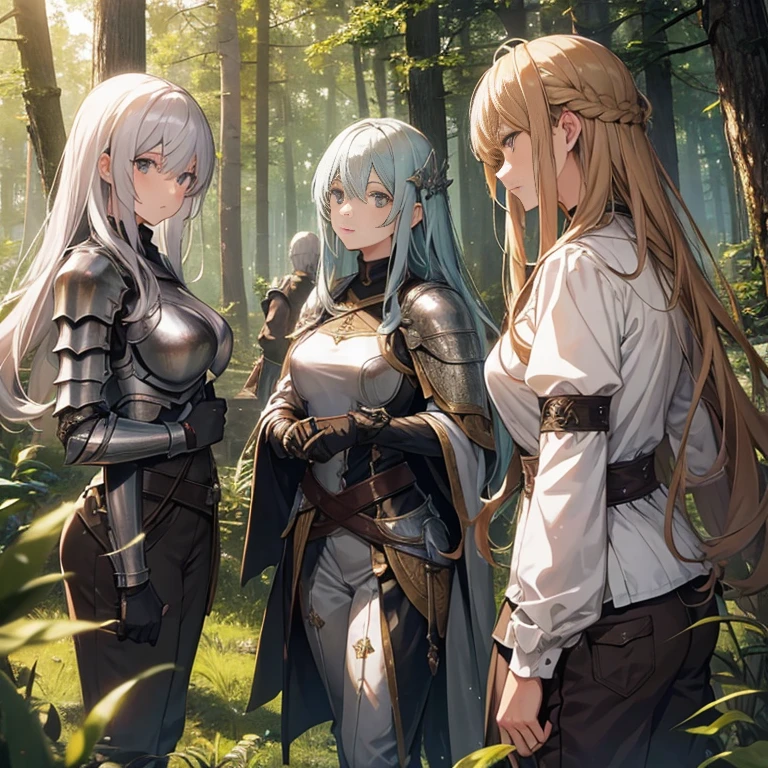 A group of  female knights, (in forest), various hair styles, metal armor, harem, trousers, seducing, beautiful face 