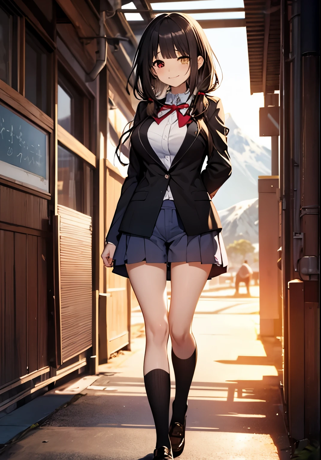 Masterpiece, high quality, ultra quality, best lighting, 1girl, ((tokisaki kurumi)), long hair, black hair, low twintails, monochrome, ((right red eye:1, left yellow eye:1)), black , ((black school uniform)), ((short pants)), ((big breast)), ((big thigh)), smile, blush, cute face, ((gesugao face)), standing, sexy body, sexy, tattooed full body, tattooed face, (((tattooed))),looking at viewer, large the breast, nsfw, (((mountain)))