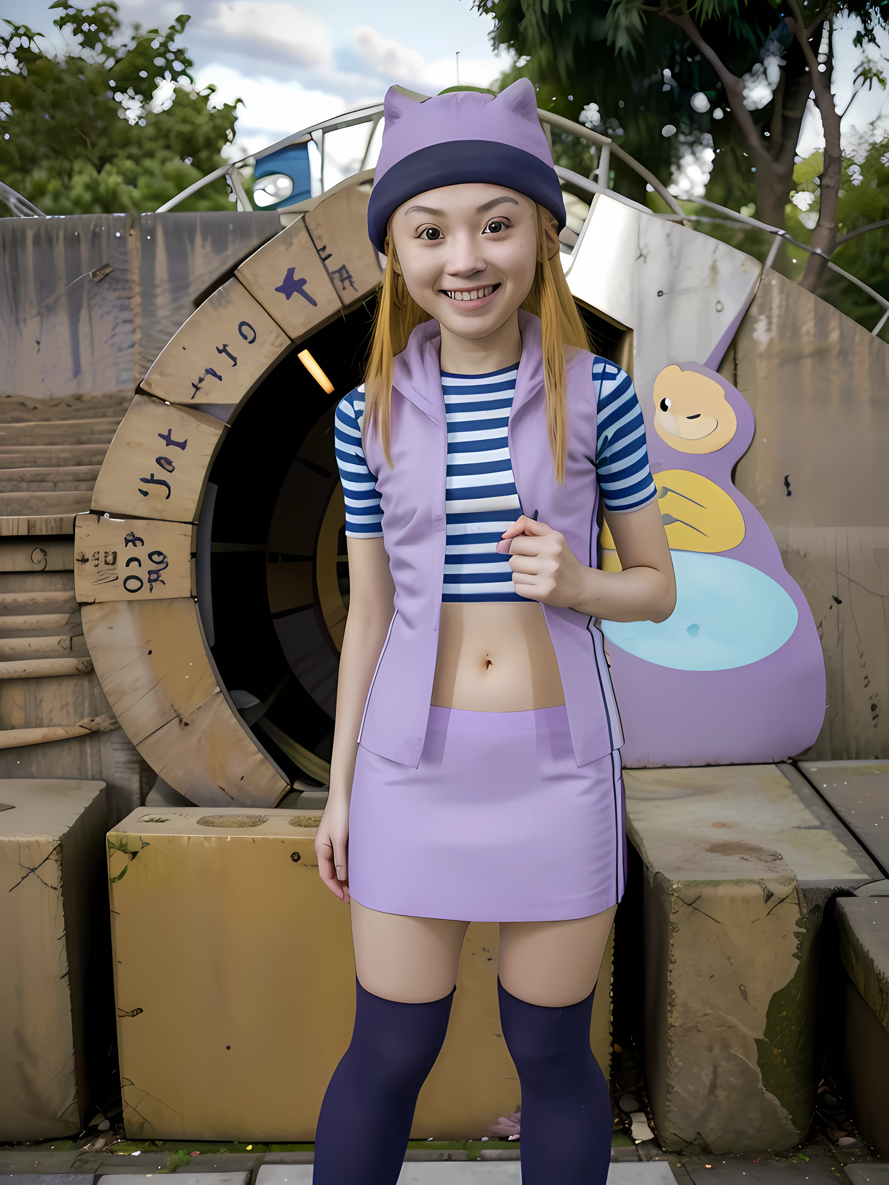 masterpiece, best quality, highres, zoe orimoto, eigthteen years old, blond hair, long hair, big breasts, purple beanie, purple vest, purple miniskirt, blue white striped shirt, long purple socks, sneakers, standing, looking at viewer, city road, outdoor, modern city road, blush, shy, smile, show teeth, sexy pose, she is lifting up her skirt a little with her finger